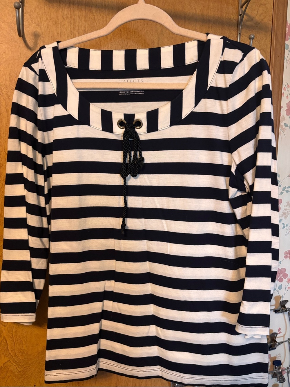 Talbots Navy and White Striped Lace-Up Boatneck Top